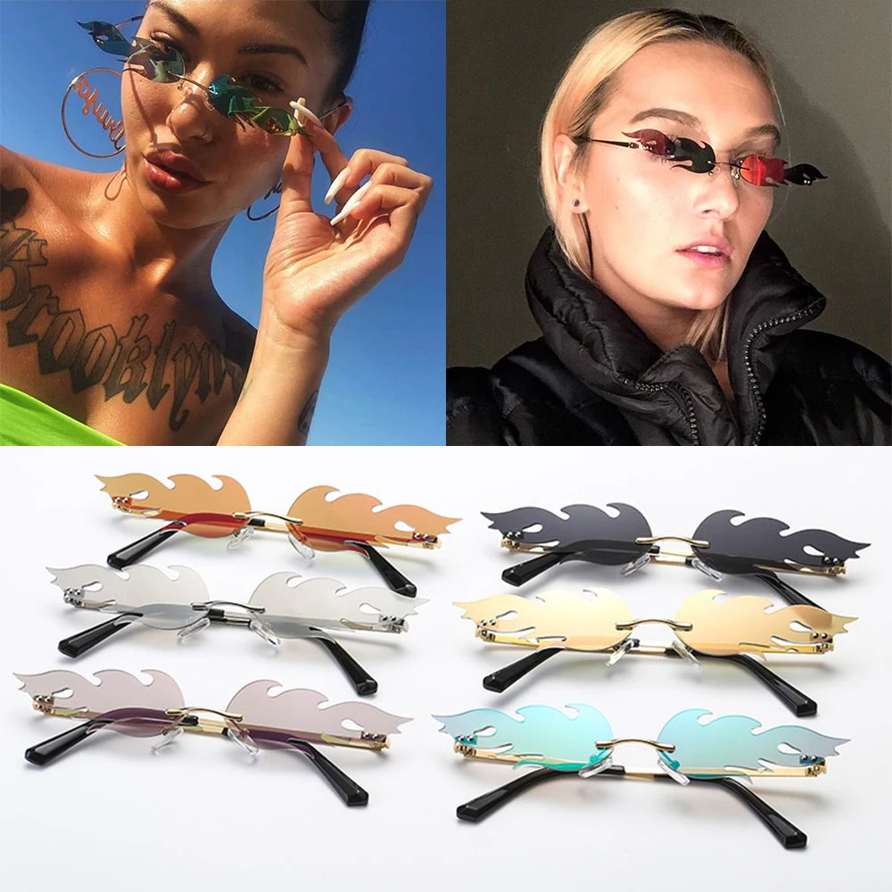 Fashion Fire Flame Sunglasses Women Men Rimless Wave Sun Glasses UV 400 Eyewear Luxury Trending Narrow Sunglasses