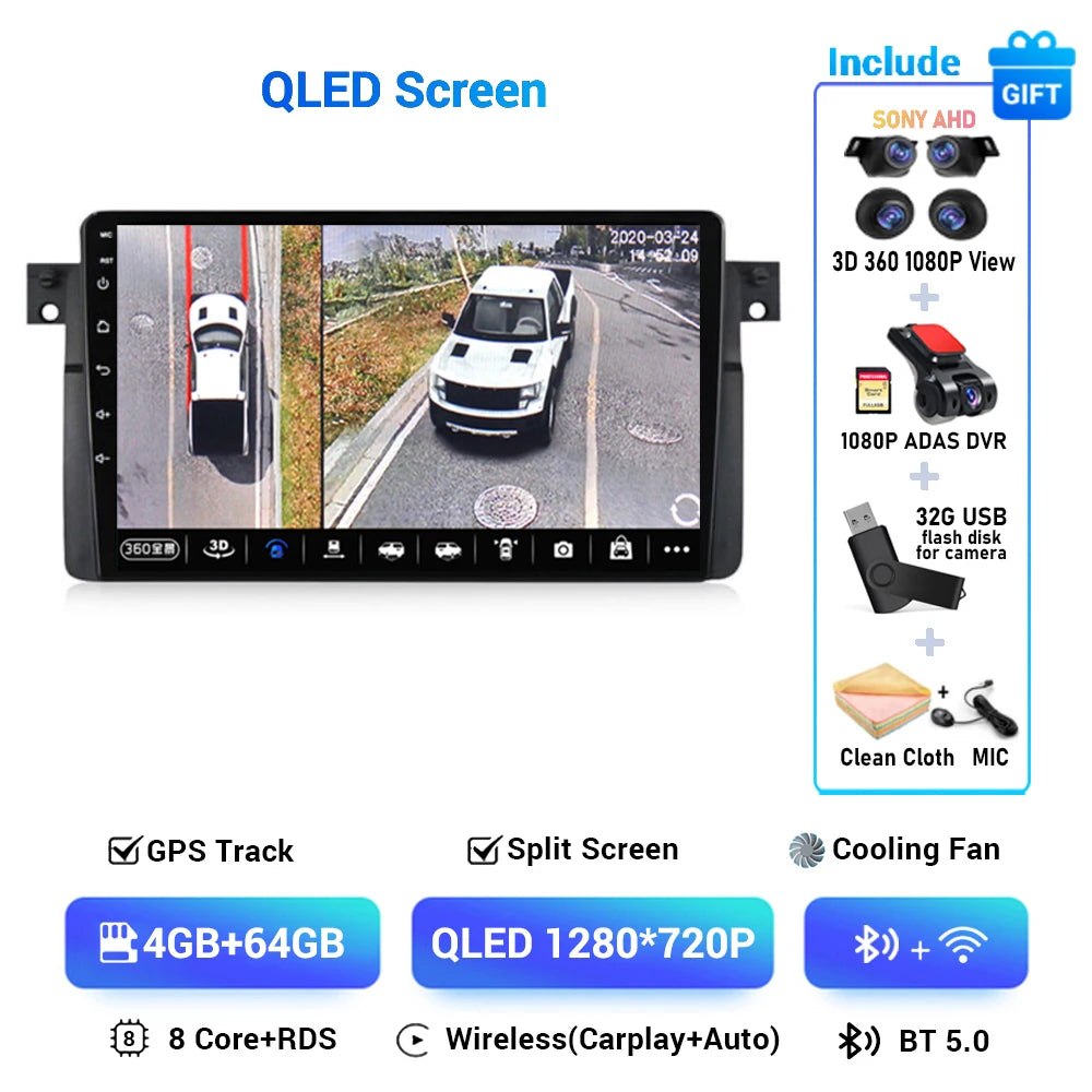 Android 14 Wireless CarPlay Auto for BMW E46 M3 318/320/325/330/335 4G+WIFI Car Radio Multimedia GPS Video Player 360 Camera DSP