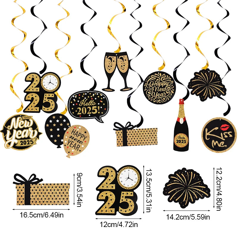 10pcs/set Happy New Year Spiral Hanging Banner Garland Hello 2025 New Year Eve Party Decoration Supplies Photo Booth Props Gift