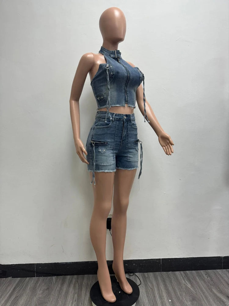 2025 Summer Fashion Denim Woman Sets Y2k Sexy Street Clothes Sleeveless Zipper Tops and Shorts 2 Two Piece Set Jeans Outfit