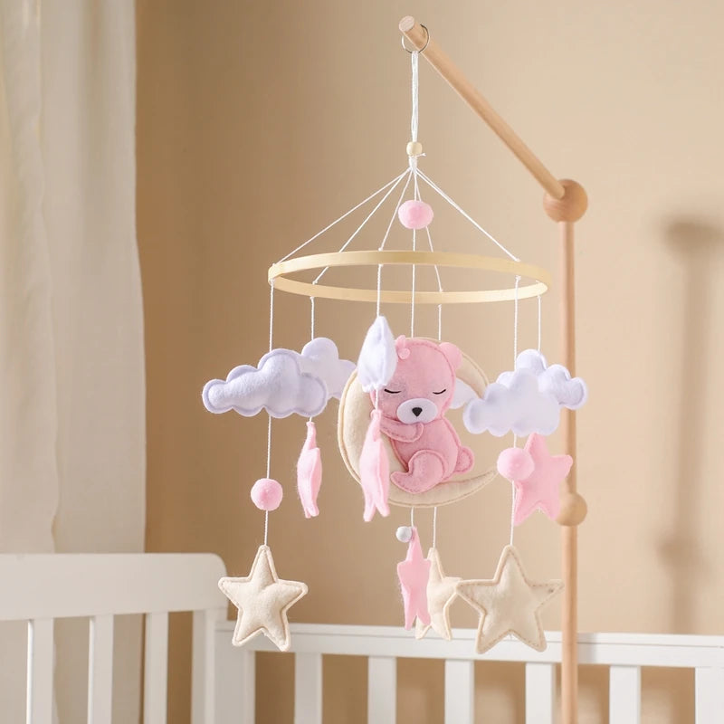 Baby Crib Mobile Rattle Toy 0-12Months Infant Soft Felt Teddy Velvet Pink Bear Bed Bell Hanging Toy Holder Bracket Crib Girl Toy