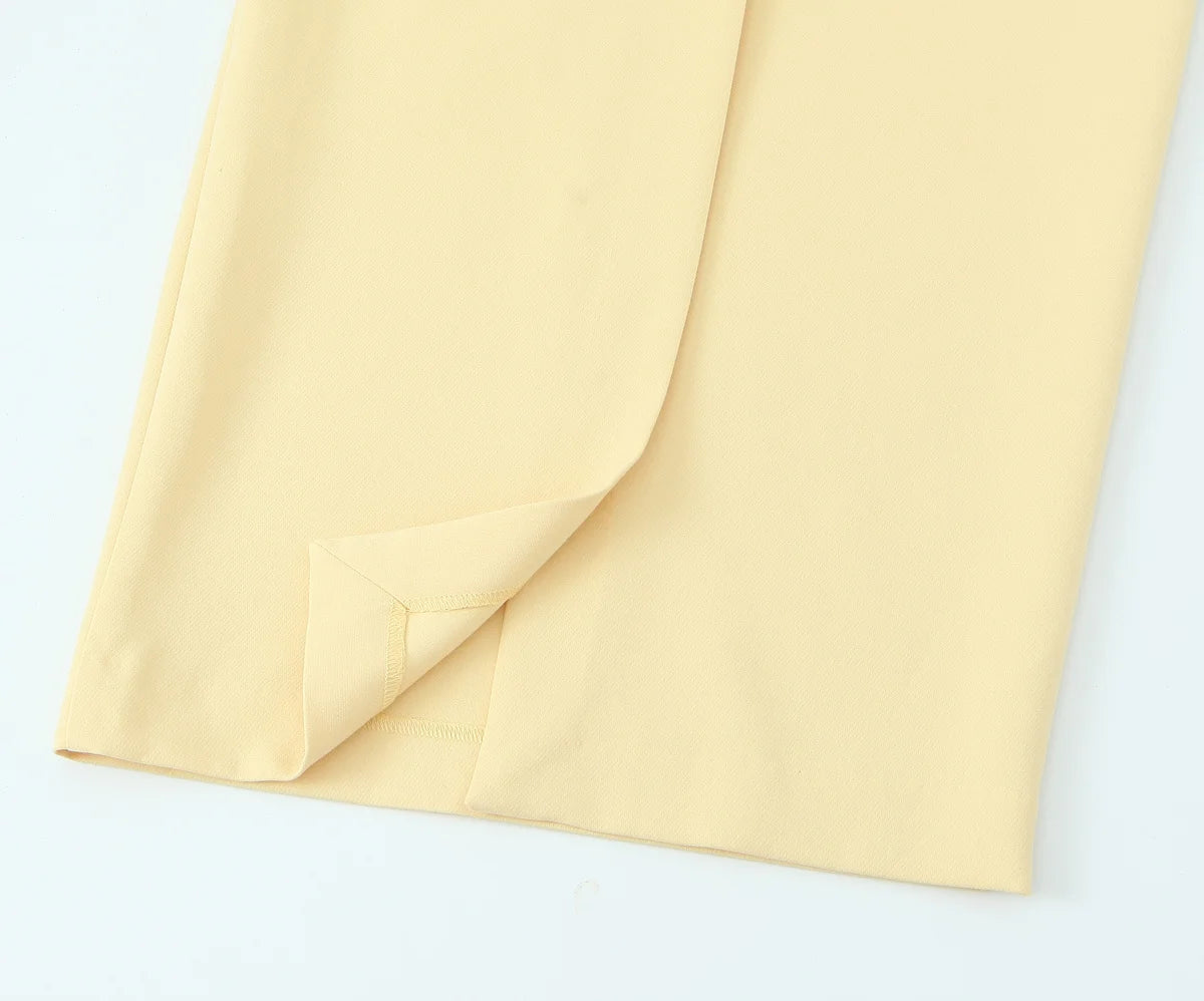 TRAFZA Women Fashion Suit Yellow V-Neck Sleeveless Belt Sngle Breasted Tops+High Waist Pocket Belt Long Skirts Female Summer Set