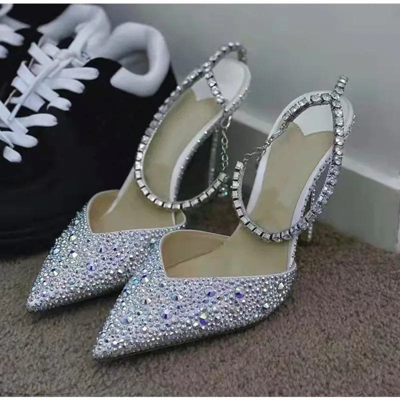 Luxury Crystal Sequined Women Pumps Elegant Thin High heels Spring Summer Fashion Chains Party Shoes Sexy Wedding Bridal Shoes
