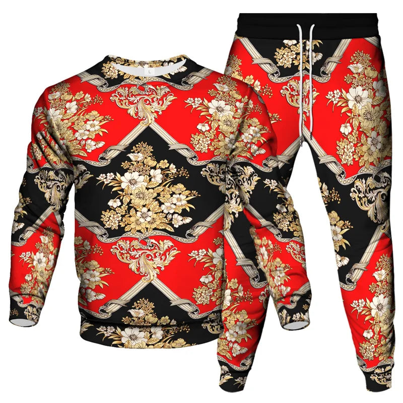 Vinatge Luxury Baroque Style Clothing Suit Men Jogging Pant Sweatshirt 2 Piece Set New Women Fashion Streetwear Tracksuit Set