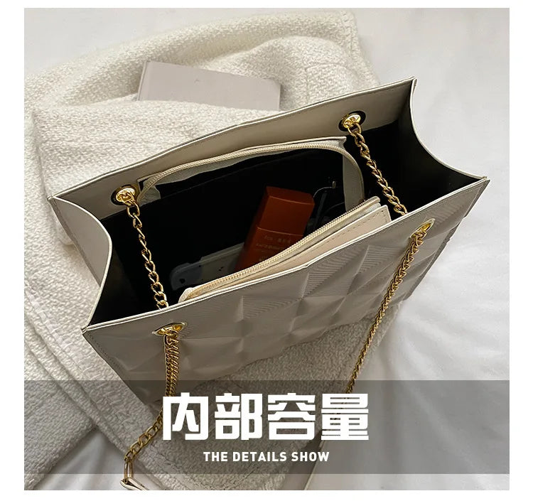 Ladies Fashion Large Capacity Chain Bag Retro Square Tote Bag Diamond Texture Shoulder Crossbody Daily Hundred Underarm Handbag