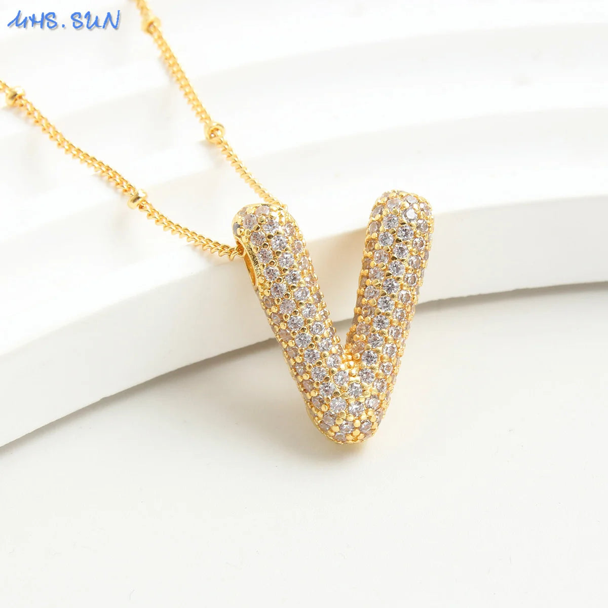 SUNSLL Cubic Zircon A-Z 26 Bubble Letter Necklace 2 Sizes Gold Plated M Chunky Balloon Initials Pendant Women Chain Jewelry 2024