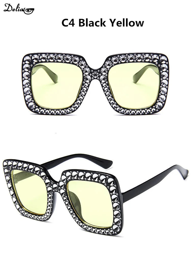 Glitter Women Sunglasses Brand Design Flash Square Shades Mirror Female Sun Glasses Bezel Bling Rhinestones