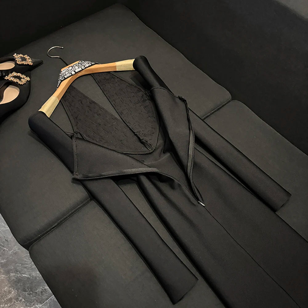 TWOTWINSTYLE Luxury Slimming Solid Dresses For Women V Neck Sleeveless High Waist Elegant Dinner Dress Female Fashion KDR525118