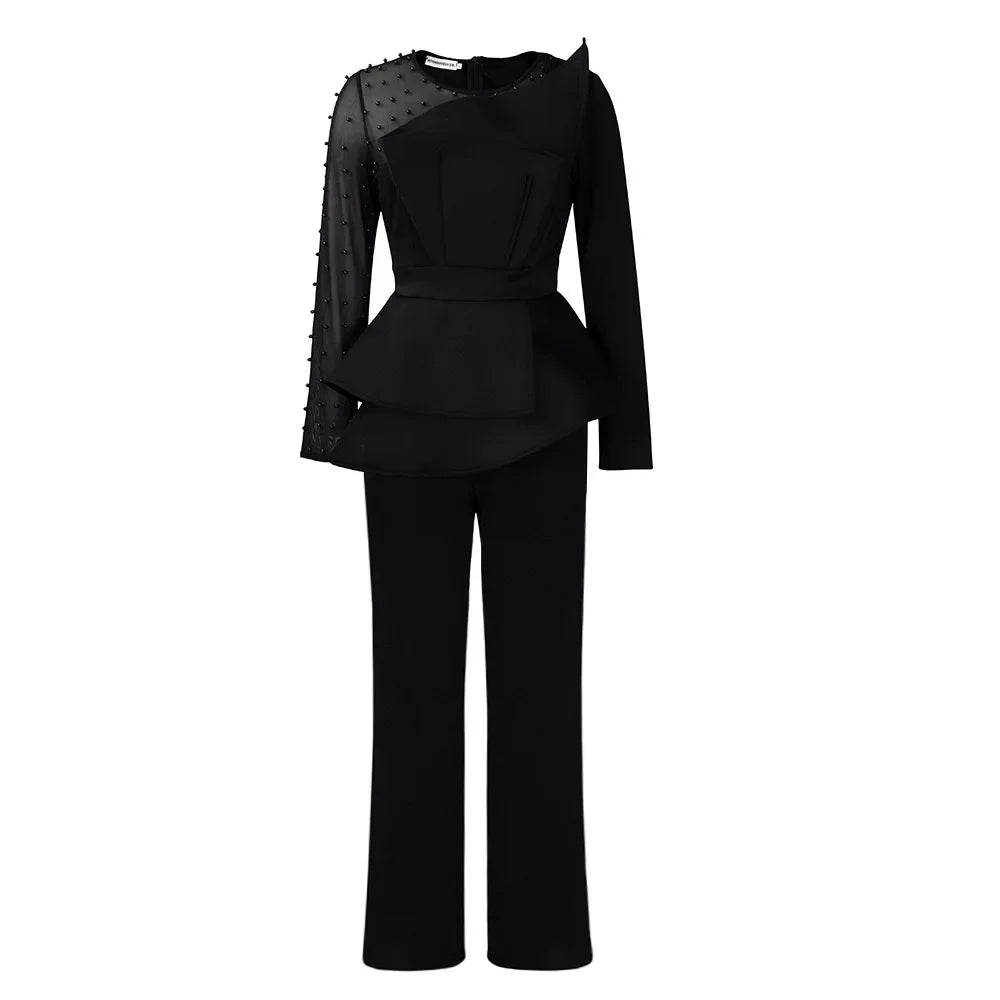 Luxury Jumpsuits & Rompers for Women Round Neck Beaded Transparent Sleeve High Waisted Elegant Female Birthday Party Overalls
