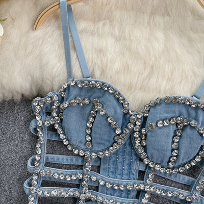 Streetwear Diamonds Denim Vest Female Bra Sleeveless Backless Sexy Summer Tank Tops For Women Camisole y2k Crop Top 2025