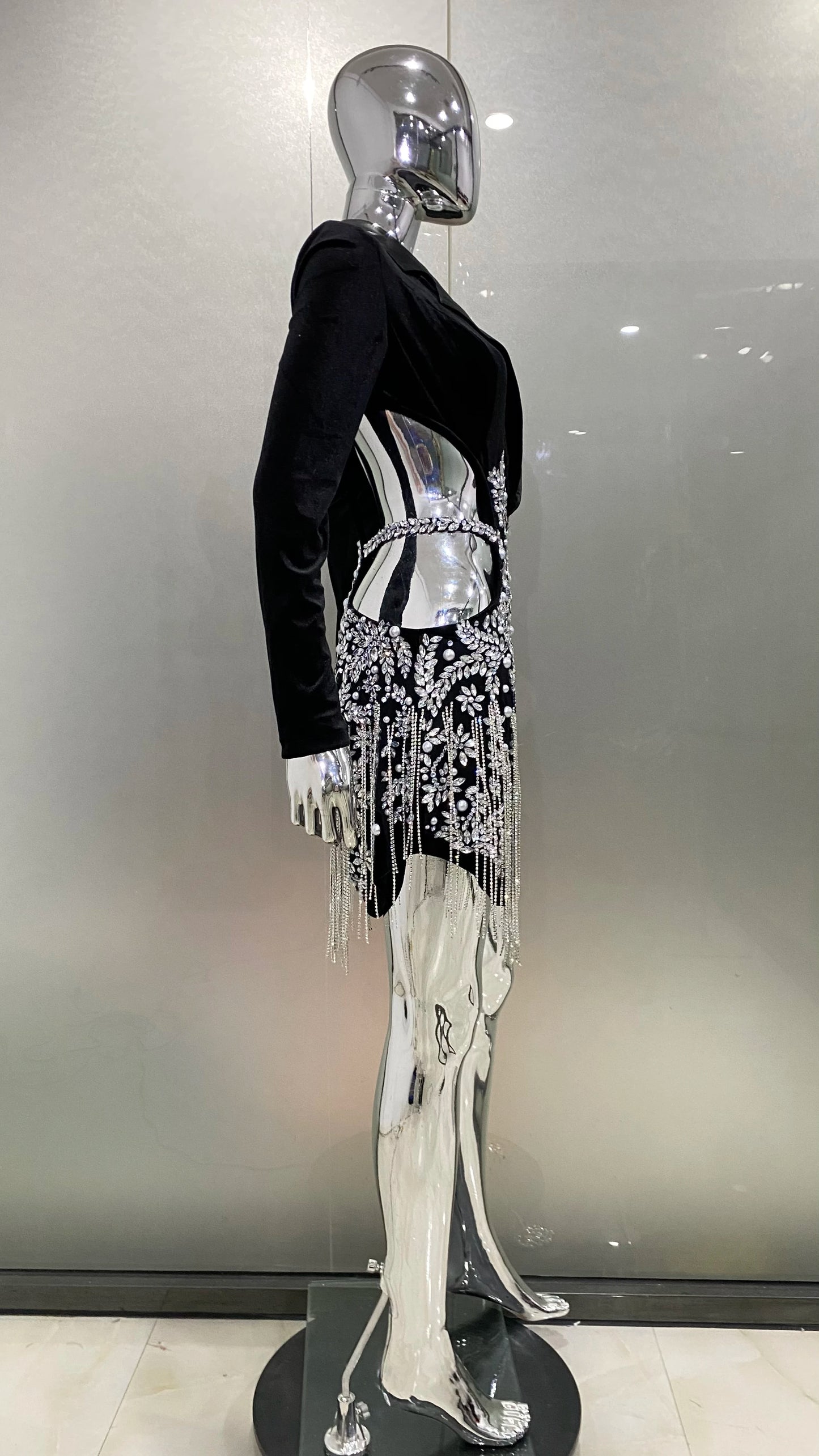 2024 Luxury Diamonds Tassel Sexy hollow Out Notched Black Mini Dress Woman Evening Party Vestido Celebrate Club Party Outfit