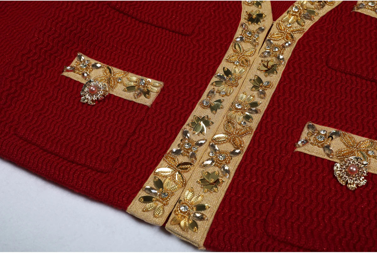 High Quality New Fashionable Elastic Knitted V-neck Luxurious Exquisite Nail Bead Piece Cardigan Slim Fit Short Skirt Women Set