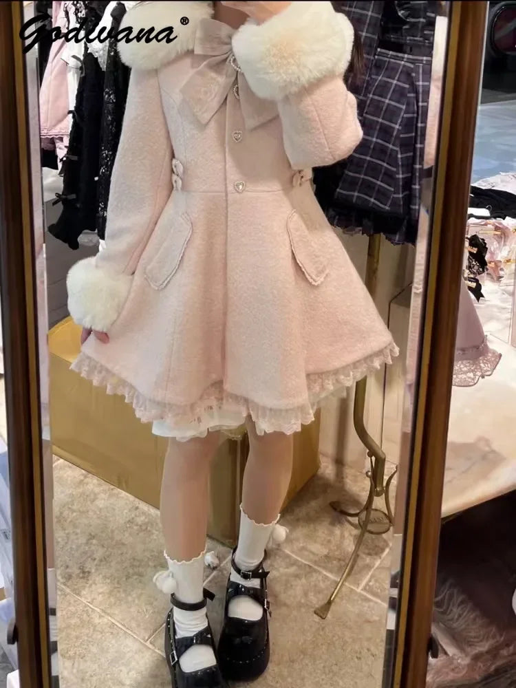 Winter New Japanese Sweet Bow Slim Medium Long Woolen Coat Faux Fur Collar Lolita Girl Women's Pink White Wool Jacket Overcoat