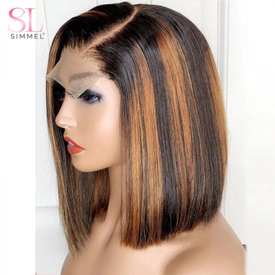 SIMMEL Ombre 4x4 Lace Closure Wig Highlight Colored Human Hair Wigs Highlight Brown Bob Wigs Straight Remy Hair 180 Density