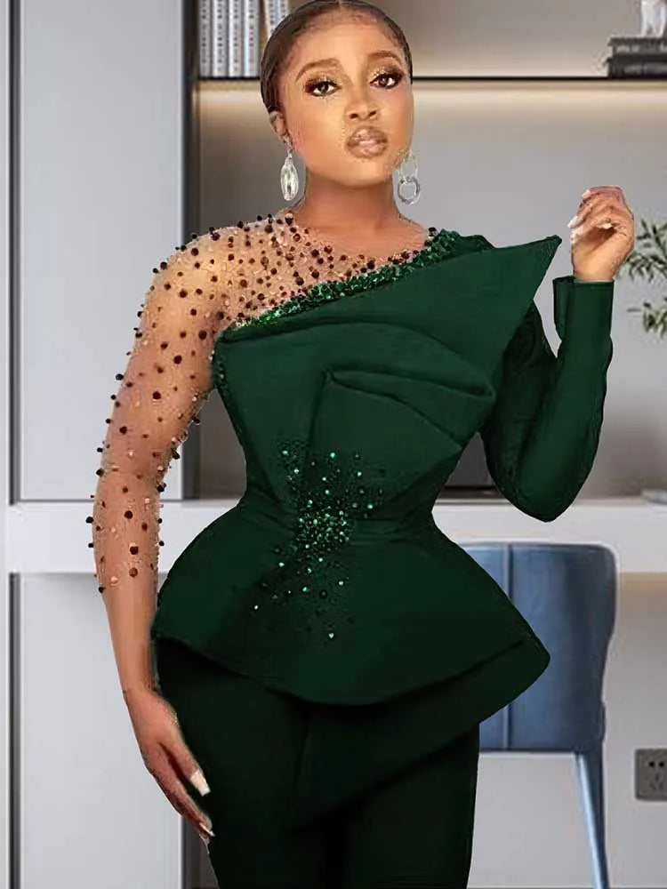 Spring 2 Pieces Set for Woman Pearl Top with Sleeves Pants Suit Women Outfit Elegant Classy Evening Wholesale Dropshipping