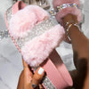 Women Fur Rhinestone Slippers Platform Wedges Without Heel Fluffy Furry Slides Flat Flip Flops Shoes Ladies Shiny Bling