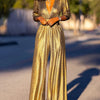 Bonboho Women's Solid Color Jumpsuit Deep V-neck Three-Quarter Sleeves High Waist Wide Leg Oe-piece Suit Summer Casual Jumpsuits