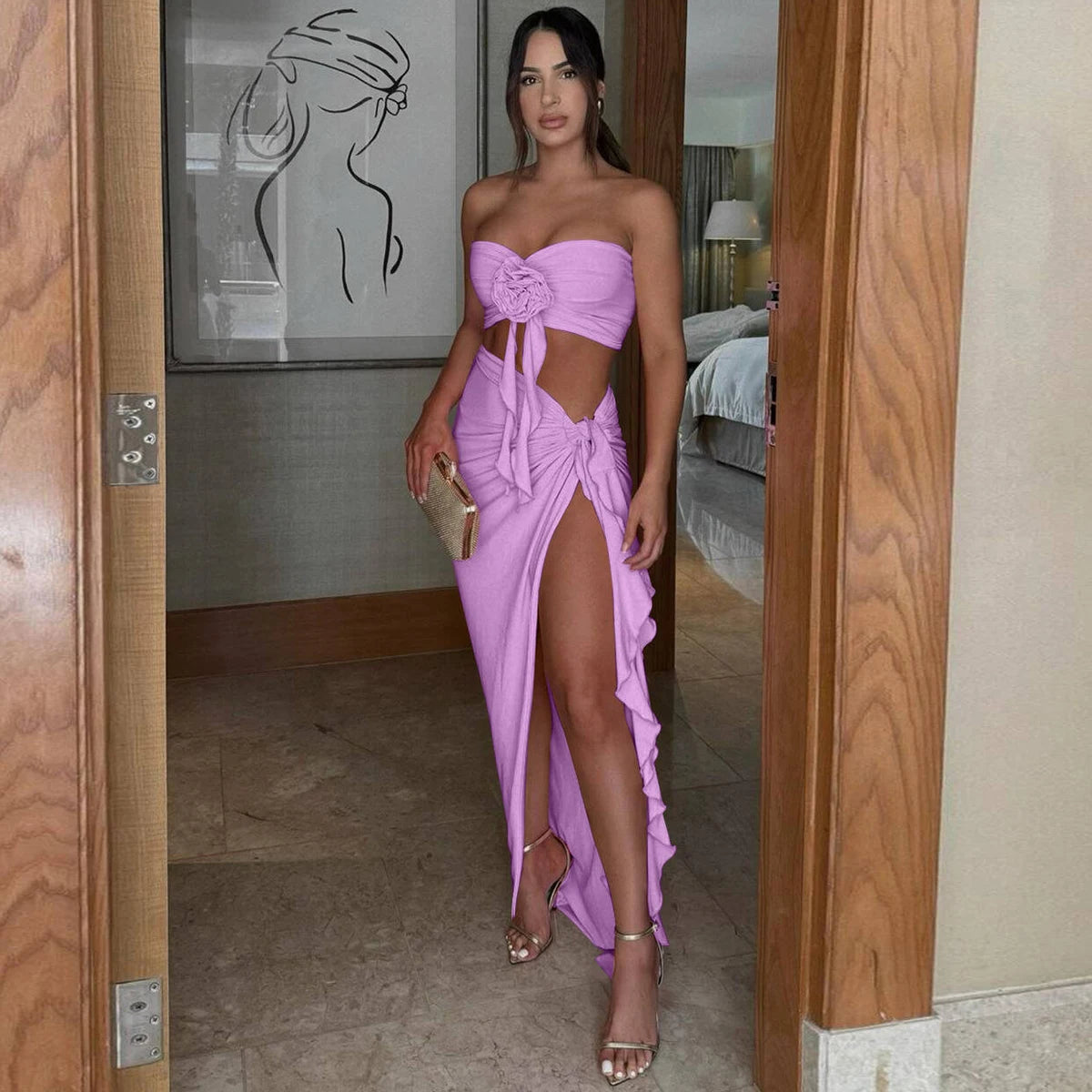 Hugcitar Fashion 2 Pcs Sets Strapless Tie Flower Draped Sexy Crop Tank Top Slit Tassel Maxi Skirt Women Outfit Festival Party