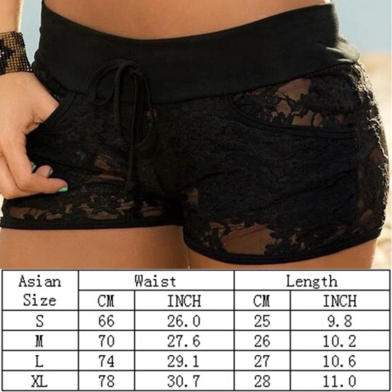 Black Lace Women Shorts Lacing Low Waist Sexy Hollow Out Women Short Pant fashion Pocket Drawstring Shorts