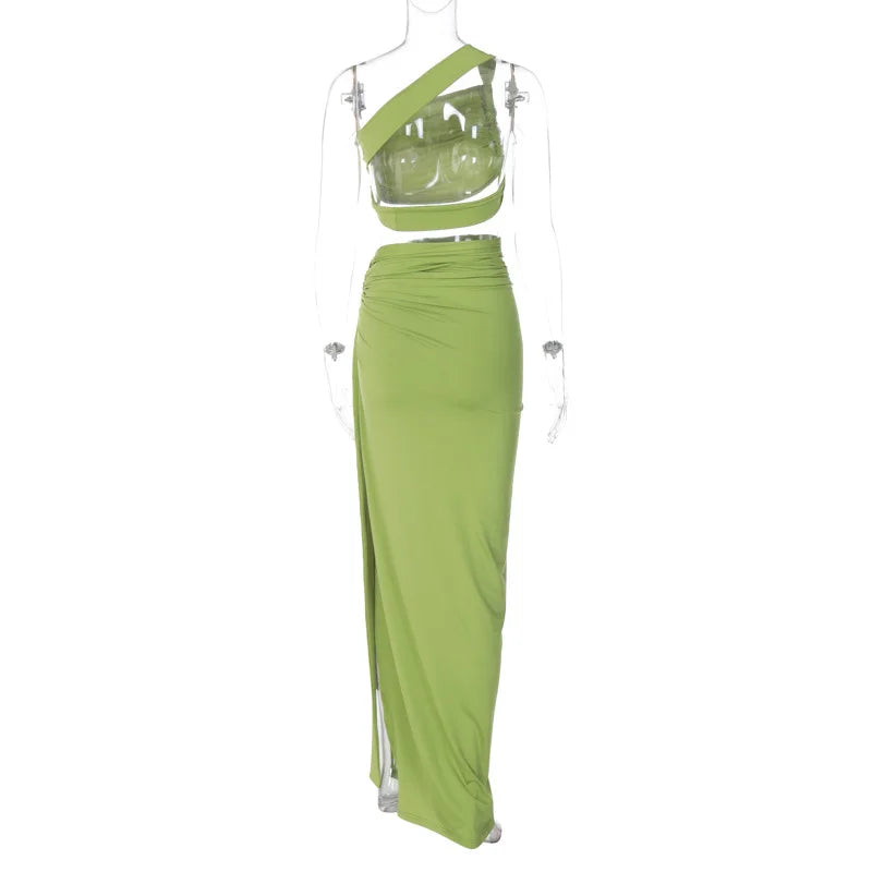 Ladies Spring 2 Pieces Sleeveless Backless Strap Spit Crop Top Side Slit Slim Fit Maxi Skirt Set Women Evening Party Clubwear