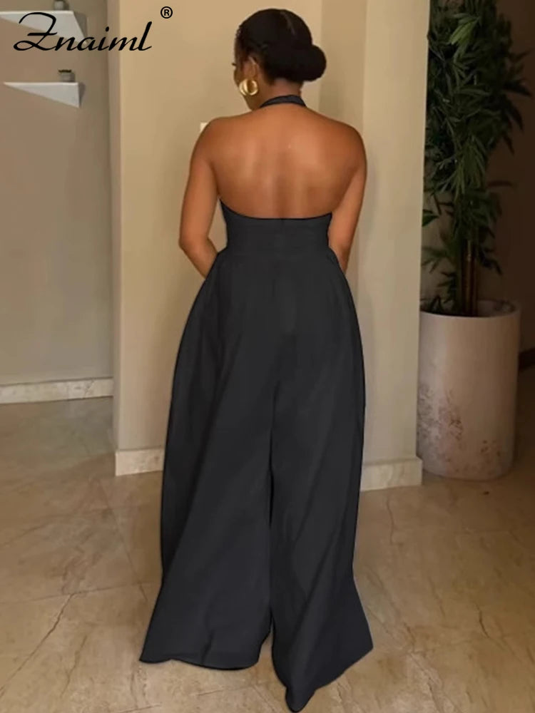 Znaiml Elegant Evening Gowns Biarthday Party One Pieces Wide Leg Pants Outfit for Women White Halter Backless Jumpsuit Rompers