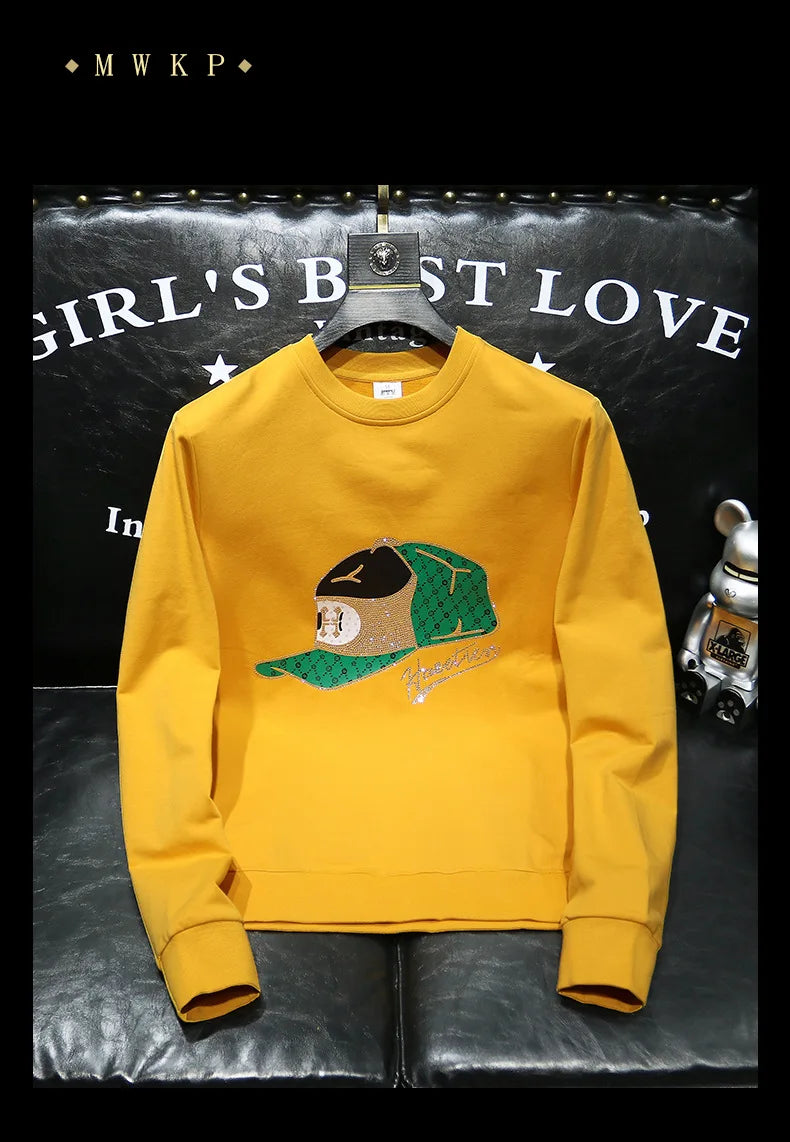 Round Collar Men's Pullover New Male Hoodies Personalized Hat Hot Diamond Print Fashionable Top Youth Bottoming Shirt Clothing