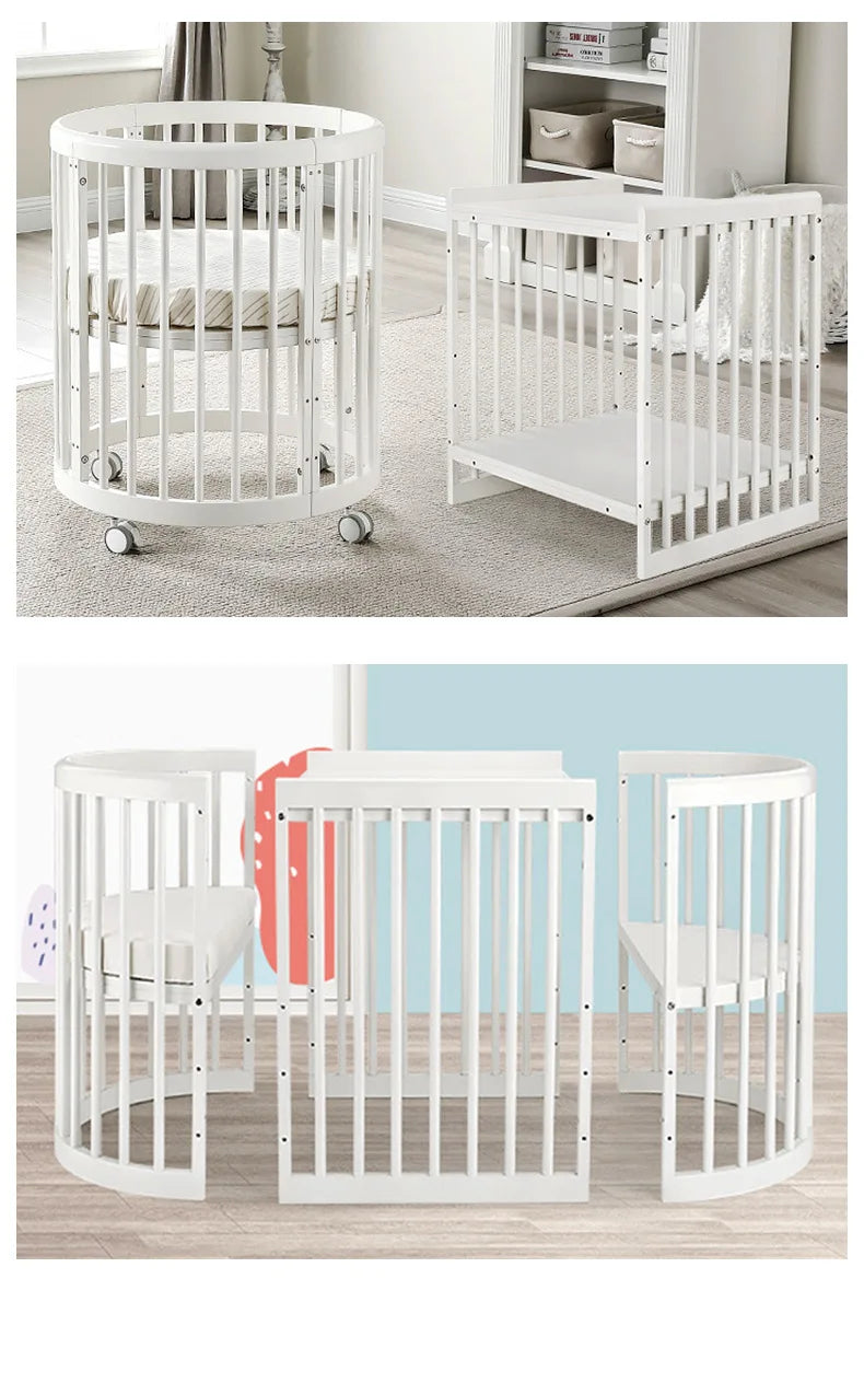 Oval crib Multifunctional pine children's bed European white newborn baby movable splicing bed