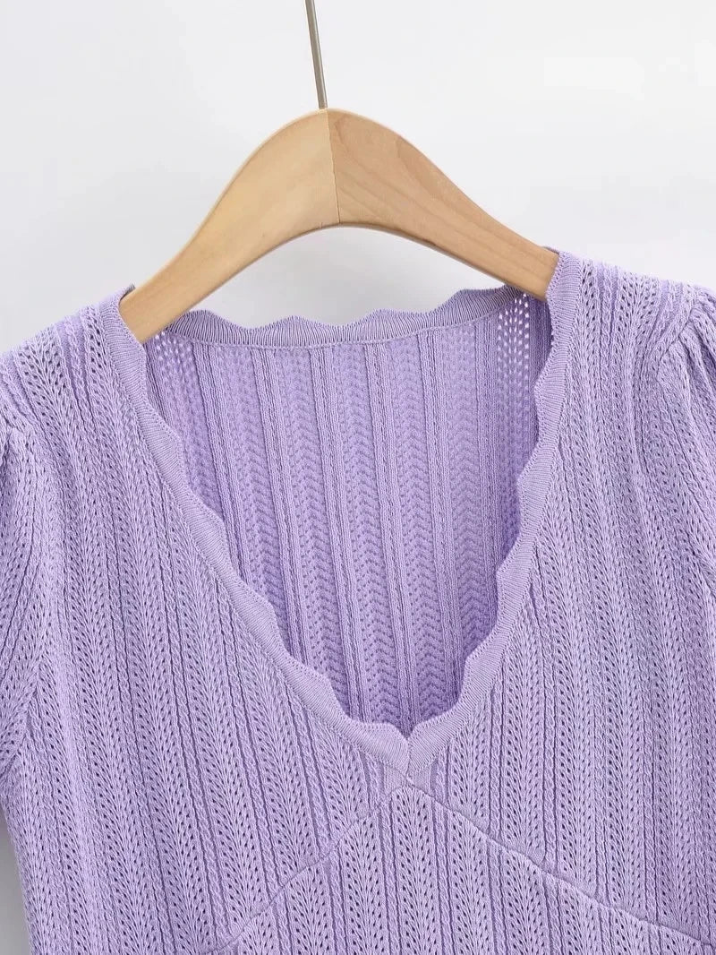 Women V Neck Knitted Crochet Tee With