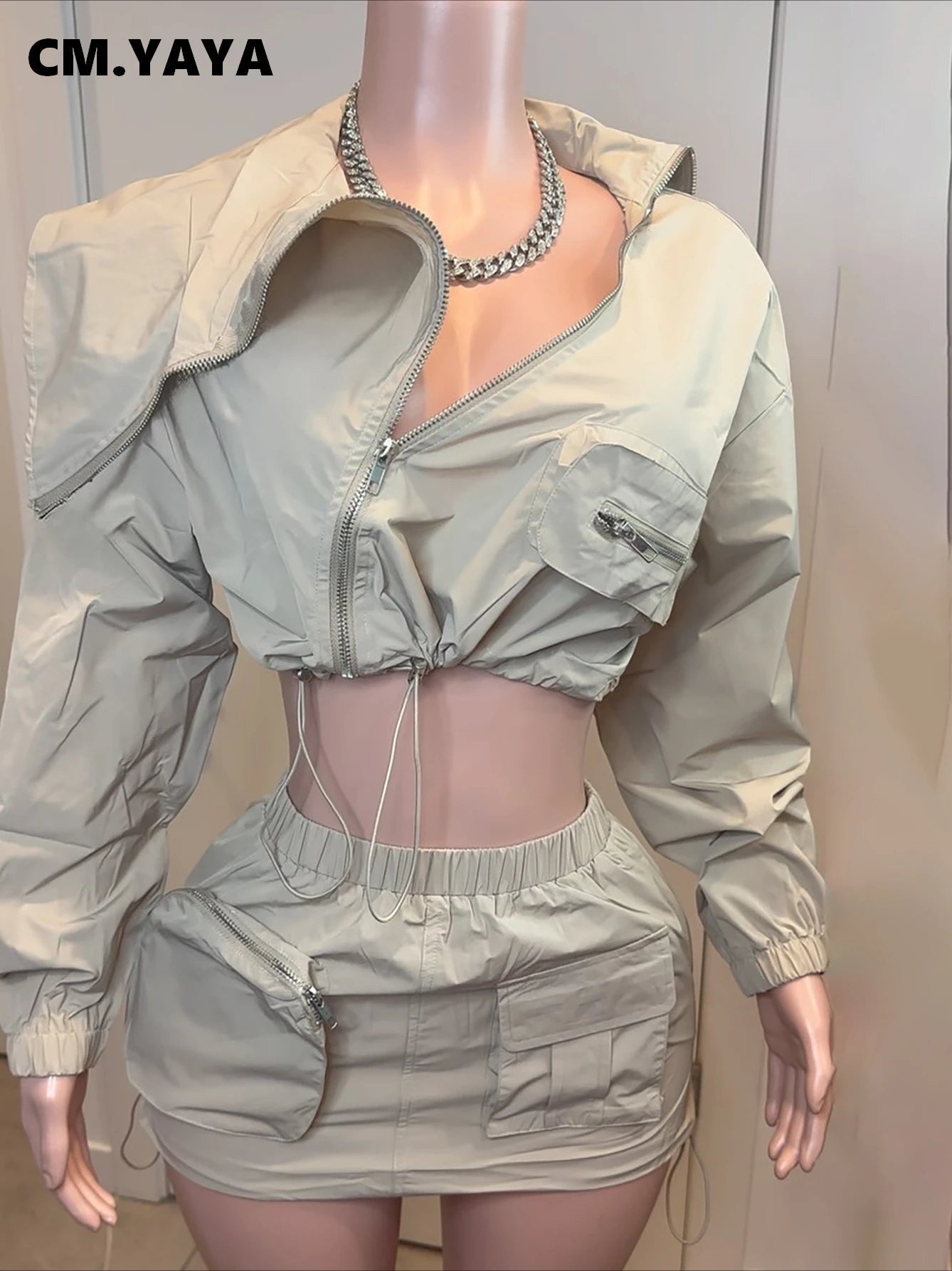 CM.YAYA Fashion Safari Style Women's Set Long Sleeve Zipper Fly Tops and Cargo Midi Mini Skirts Suit 2025 Two 2Piece Sets Outfit