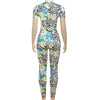 Joskaa Colorful Print Sporty Jumpsuit Women Hipster O-Neck Short Sleeve Skinny Rompers 2025 Summer Fashion Overalls Streetwear
