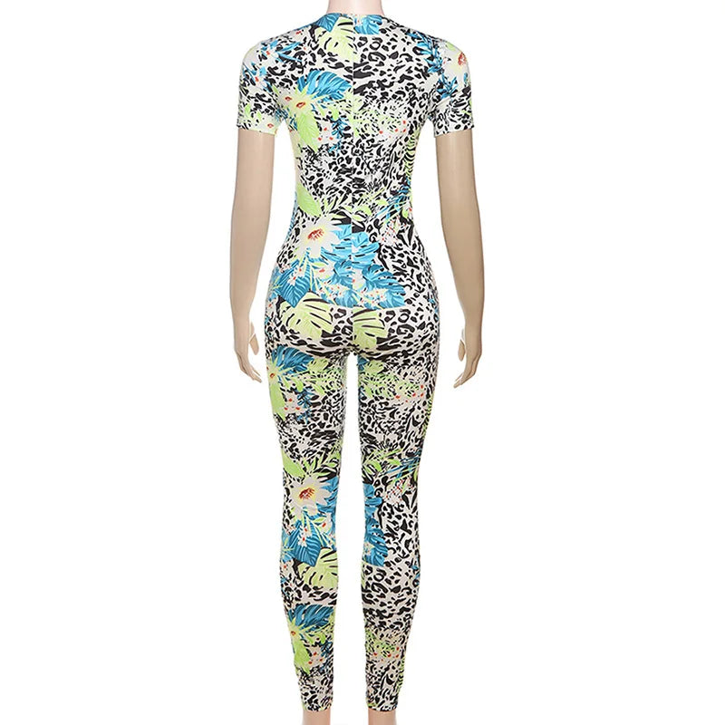 Joskaa Colorful Print Sporty Jumpsuit Women Hipster O-Neck Short Sleeve Skinny Rompers 2025 Summer Fashion Overalls Streetwear