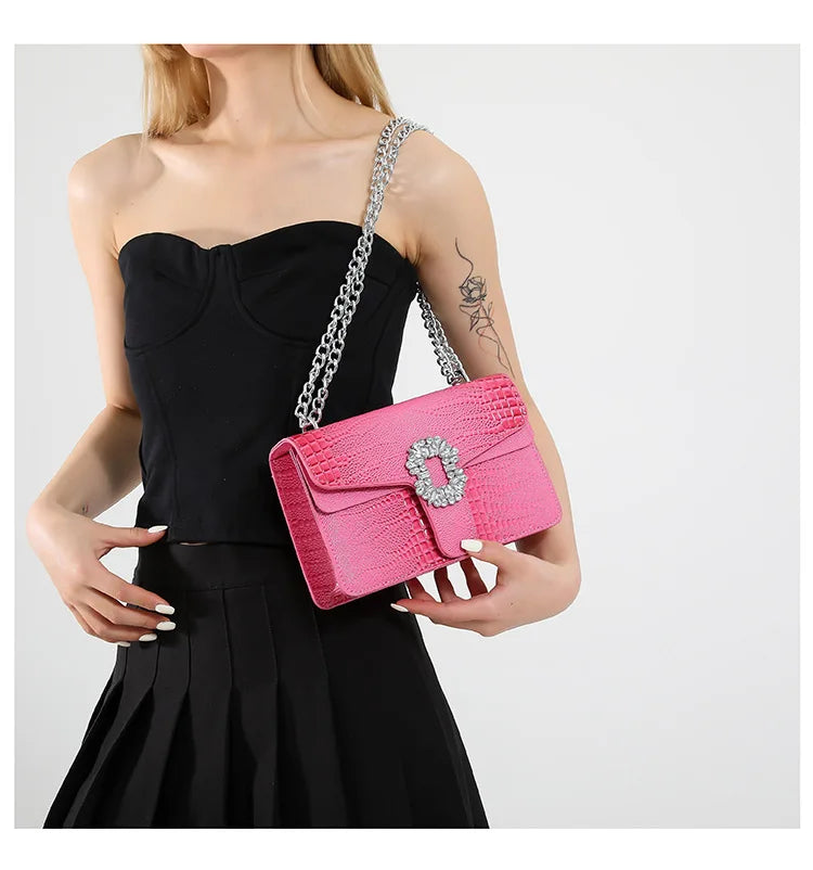 Crocodile Embossed Shoulder Bags For Women Flap PU Leather Fashion Rhinestone Decor Small Square Crossbody Bag Designer Handbag