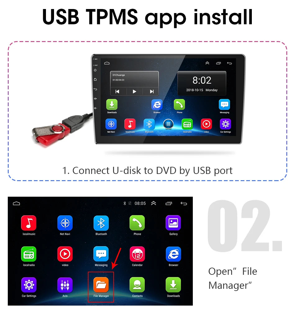 JMCQ USB Android TPMS Tire Pressure Monitoring System Display Alarm System Internal External 5 Sensors For Car Navigation Radio