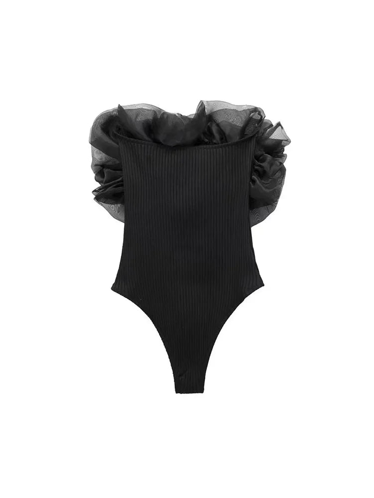 Willshela Women Fashion Ribbed Bodysuit With Organza Ruffle Vintage High Elastic Sexy y2k Female Chic Lady Tops body femme