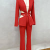 Modphy Red Sexy V-neck Long Sleeve Jacket+High Waist Flare Pants Blazer Set Women'S 2025 New Hollow Out Designer Two-Piece Set