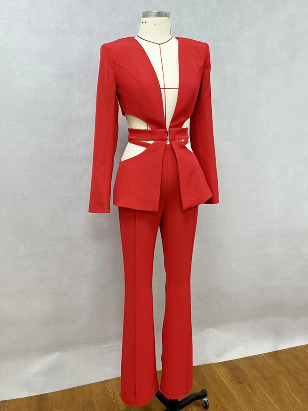Modphy Red Sexy V-neck Long Sleeve Jacket+High Waist Flare Pants Blazer Set Women'S 2025 New Hollow Out Designer Two-Piece Set