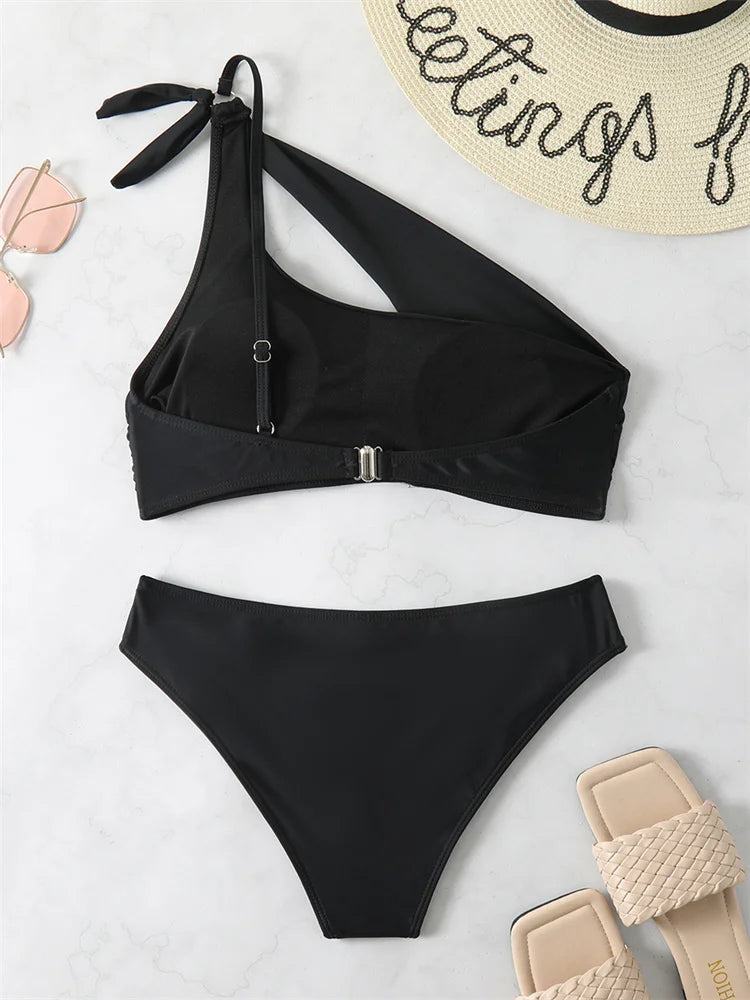 Bikini 2025 New Swimsuit Women Swimwear Solid Black One Shoulder Bikinis Set Bathing Suit Female Two Pieces Beach Wear Biquini