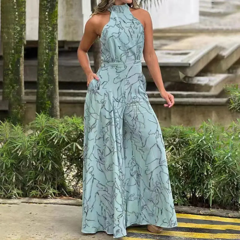 Summer women's geometric printed sleeveless pants with elegant temperament cinched waist tie up hanging neck style jumpsuit