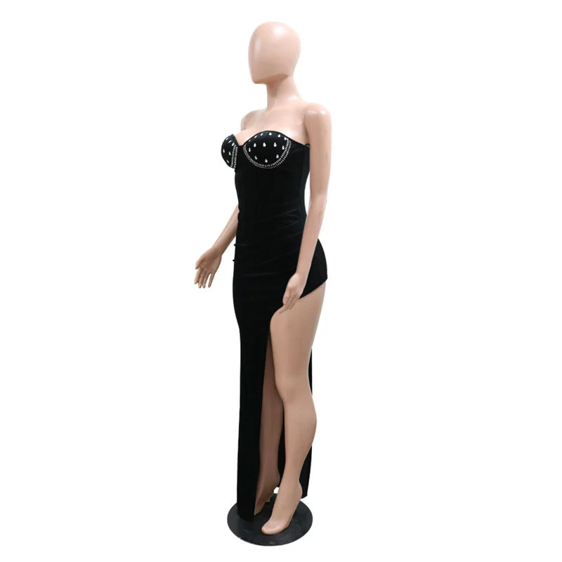 Sleeveless Strapless Bodycon Sexy Irregular Velvet Dress Women High Slit Slim Glam Crystal Rhinestone Long Party Nightclub Dress