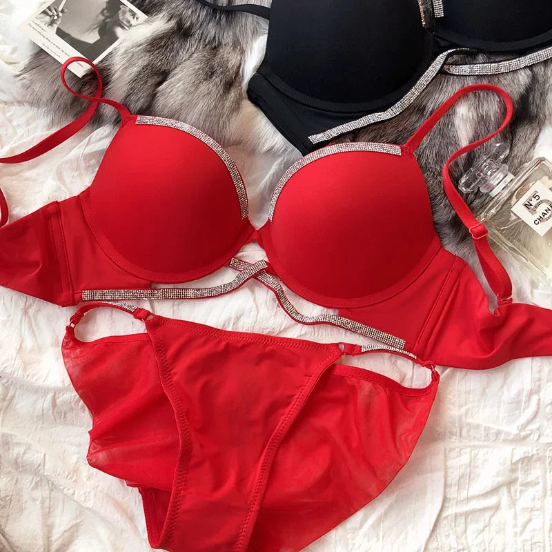 2 Pieces Sexy Underwear Set for Women Classic Cross Hollow Bra Sparkle Rhinestones Lingerie Deep V Push Up Brassiere Set