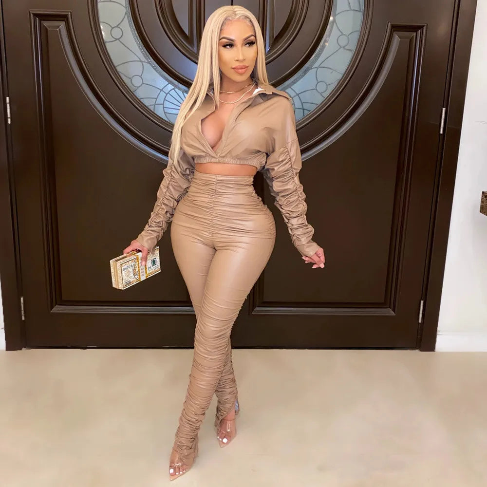 Sexy PU Faux Leather Two Piece Set for Women Birthday Night Club Outfits Crop Top and Slit Stacked Pants Matching Sets Undefined