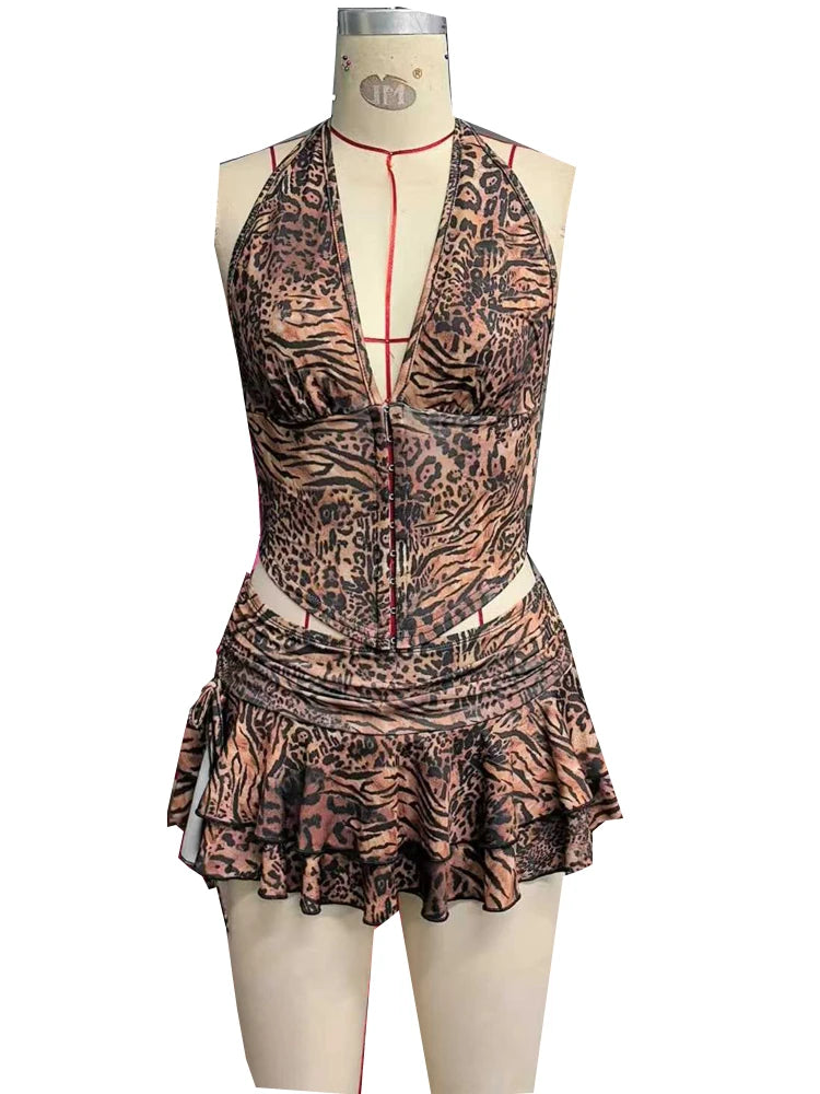 Beyprern Fierce Girl Ruffles Skirt Set Wild Cheetah Corset Crop Top And Ruched Two-Piece Dress Night Out Outfits Sexy Clubwear