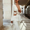 Modphy Red Sexy V-neck Long Sleeve Jacket+High Waist Flare Pants Blazer Set Women'S 2025 New Hollow Out Designer Two-Piece Set