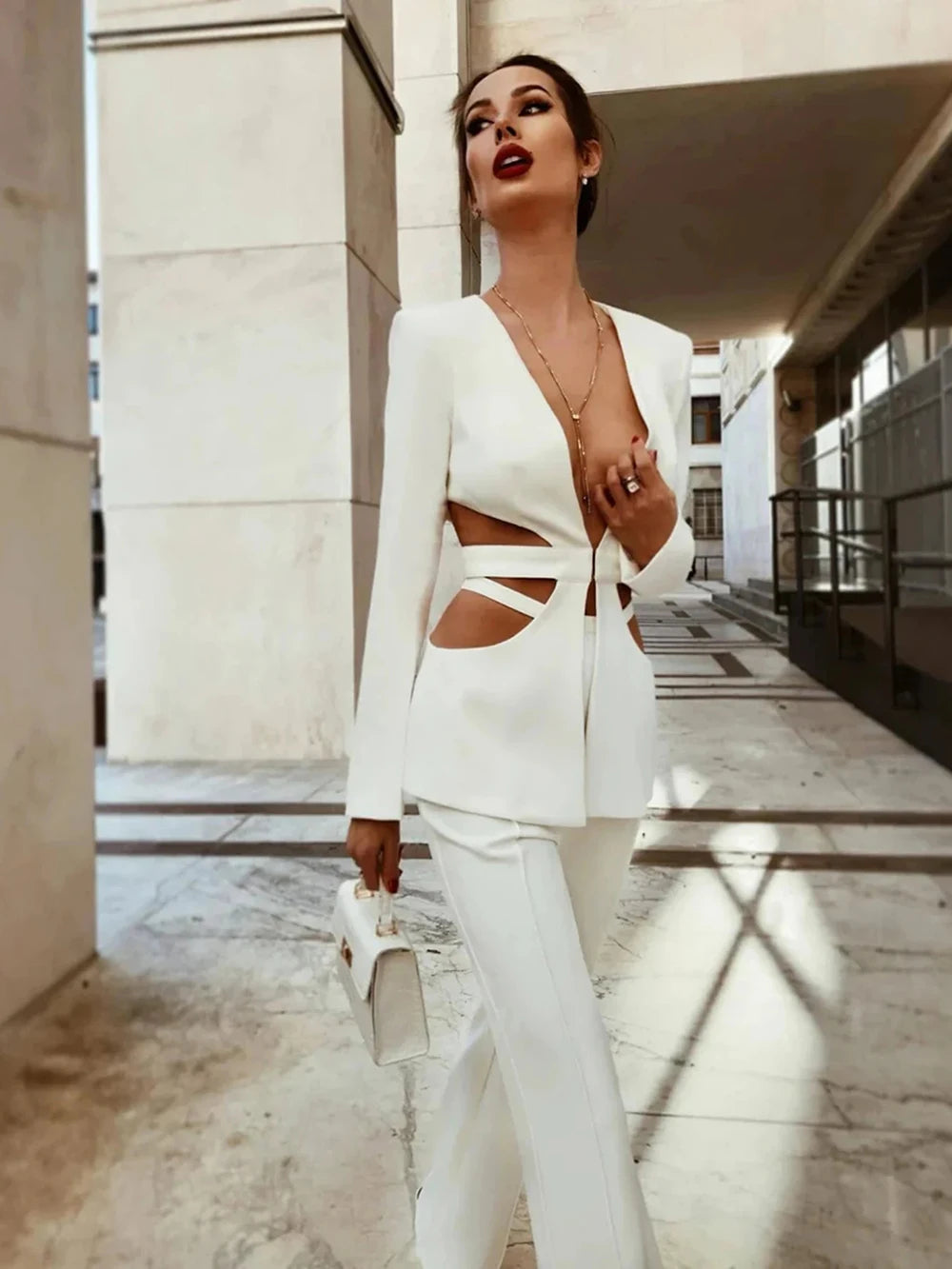 Modphy Red Sexy V-neck Long Sleeve Jacket+High Waist Flare Pants Blazer Set Women'S 2025 New Hollow Out Designer Two-Piece Set