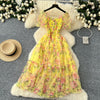 Elegant Slash Neck Vintage Short Puff Sleeve Chic Print Slim Chiffon Dresses French High Street Evening Autumn Mesh Clothing