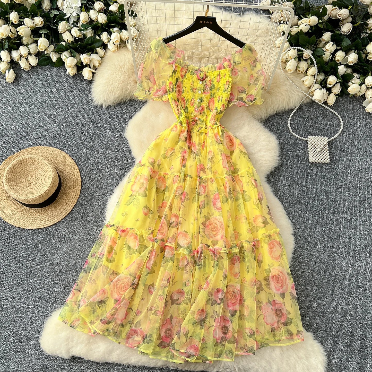 Elegant Slash Neck Vintage Short Puff Sleeve Chic Print Slim Chiffon Dresses French High Street Evening Autumn Mesh Clothing
