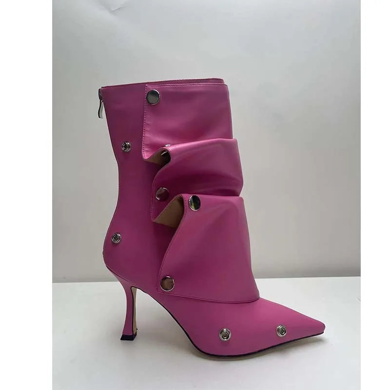 2025 Classics Women Pointed Toe Strange Heels Boots For Woman's Rivet Button Zipper-Sid Solid Color High Heels Shoes Botas Altas