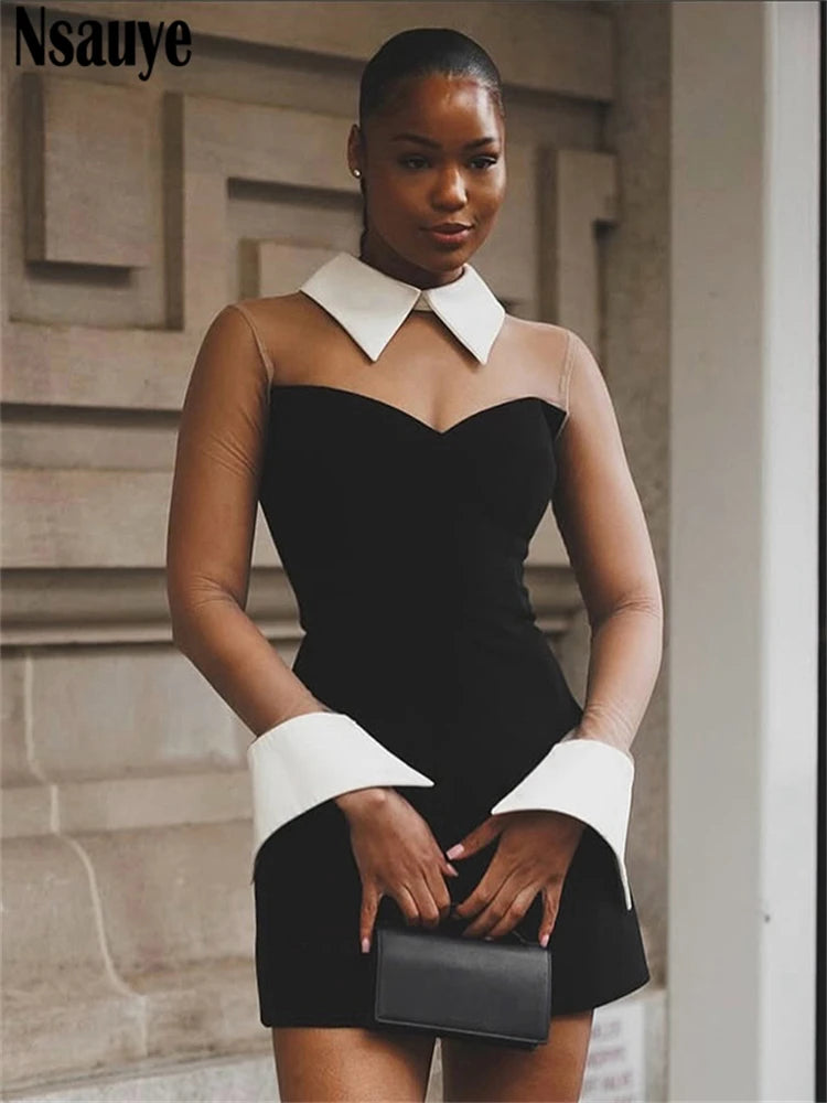 Nsauye Pullover Women Sexy Mesh See Through Turn Down Collar Night Club Dress Evening Party Summer Short Elegant Fashion Dress