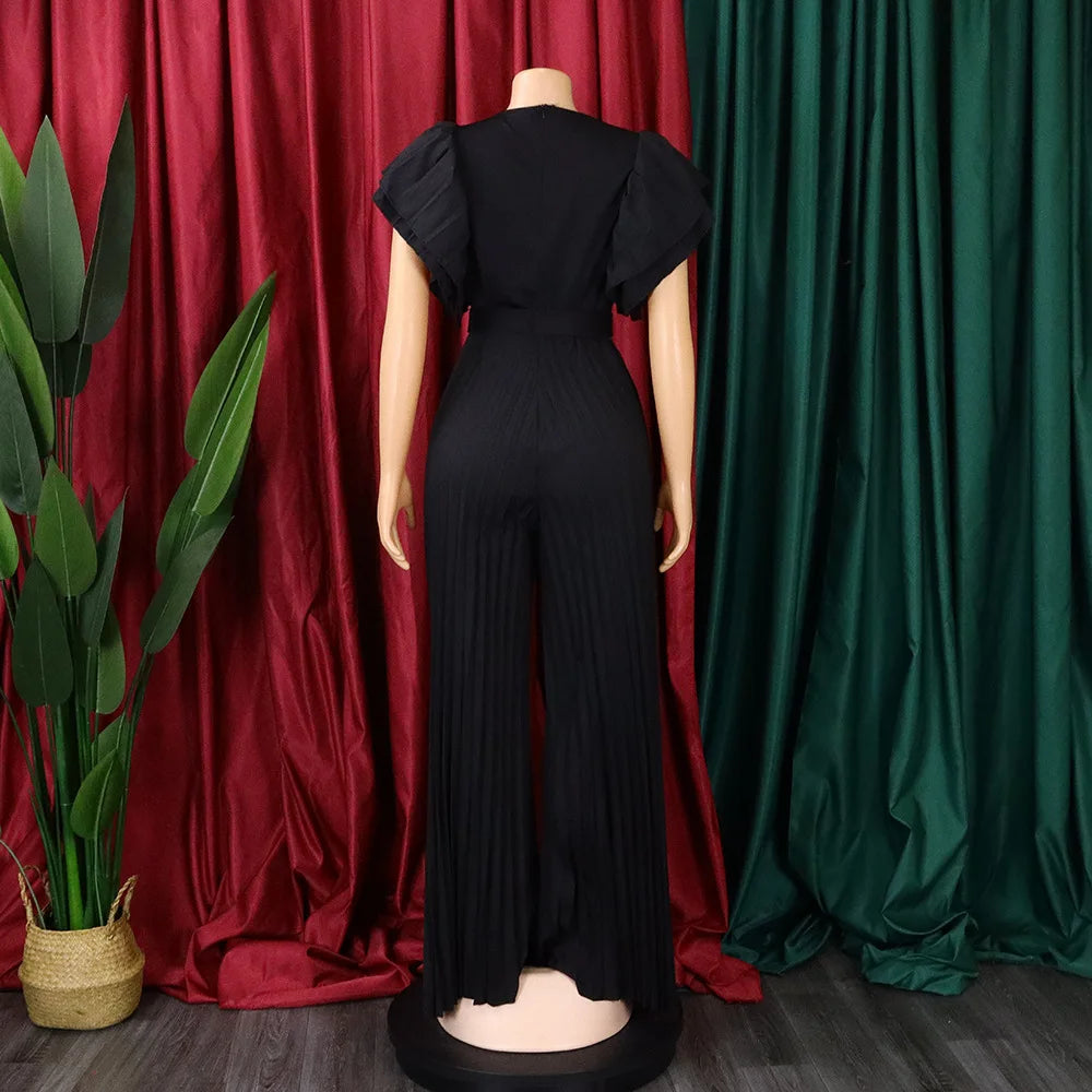 Elegant Pleated Jumpsuits & Rompers for Women V Neck Ruffles Belt Waisted High Waisted Floor Length Luxury Birthday Party Outfit
