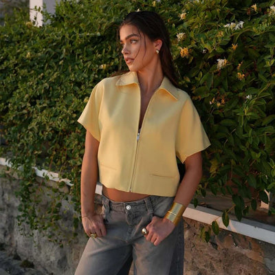 MUJER Women's Cropped Jacket Short Sleeve Varsity Jackets for Women Summer Zip up New in Coats and Jackets Holiday Outerwears